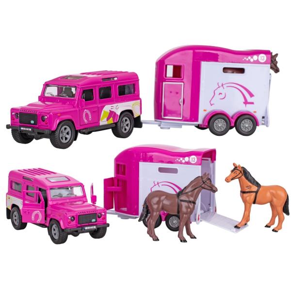 Kids Globe Traffic Land Rover růžový kov s přívěsem pro koně 28cm zpětný chod (obrázek 4)