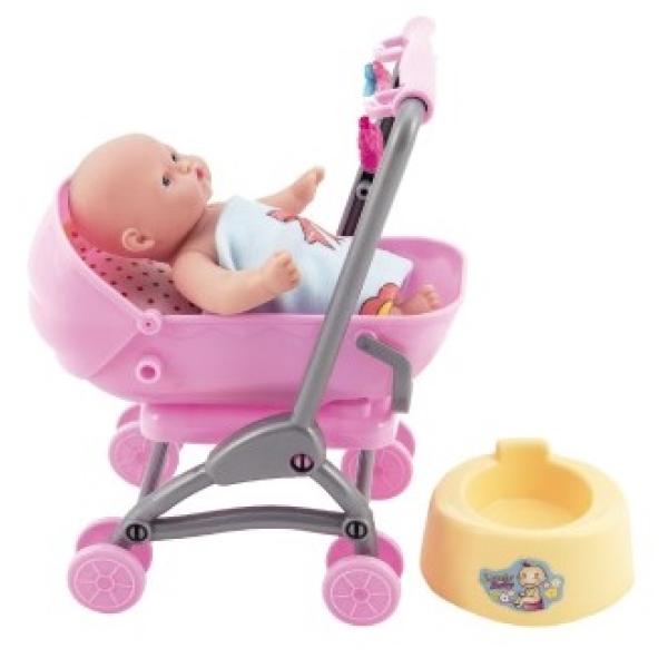 Bábätko / bábika kĺbová 12cm v kočíku 10x14x18cm plast s doplnkami