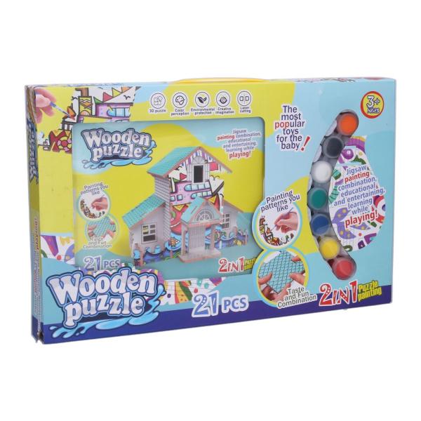 Puzzle 3D dřevěný domeček s barvami