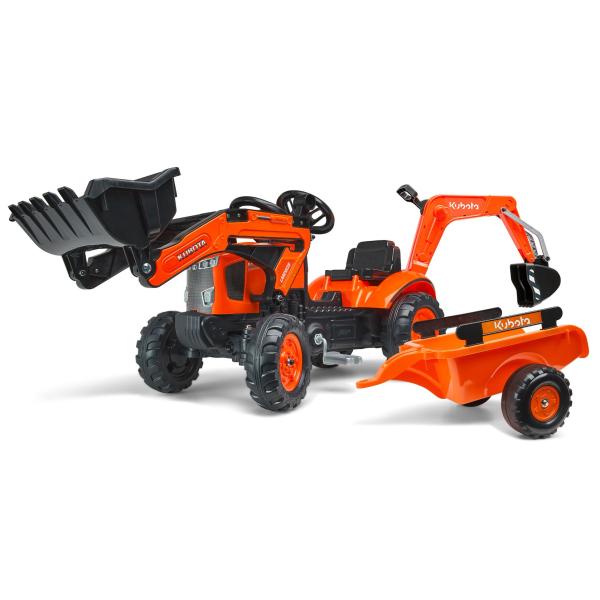 Falk šlapací traktor 2065N Kubota backhoe s předním bagrem a přívěsem s otočným bagrem
