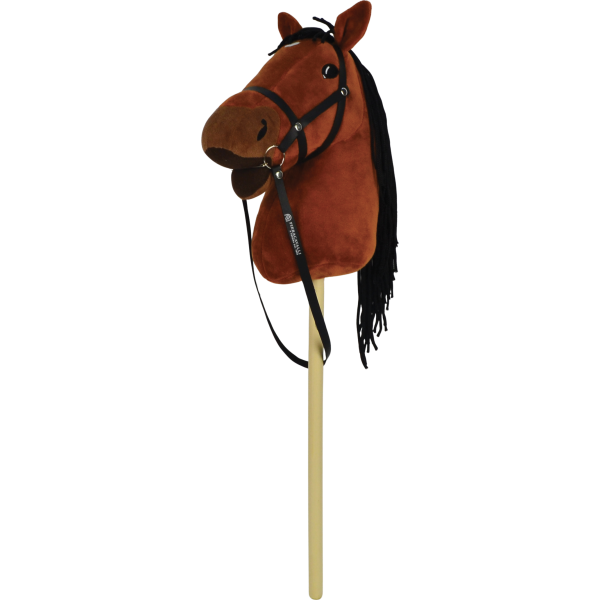 Hnědý kůň na tyči 73 cm, s černým batohem, se zvukem koně