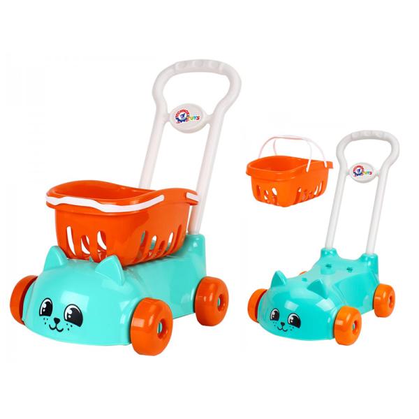 Nákupní vozík růžový s motivem kočky s odnímatelným košíkem