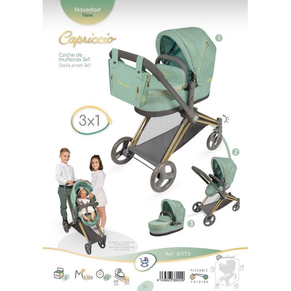 DeCuevas 81773 Skládací kočárek pro panenky 3 v 1 s taškou Capriccio 2025 – 73 cm
