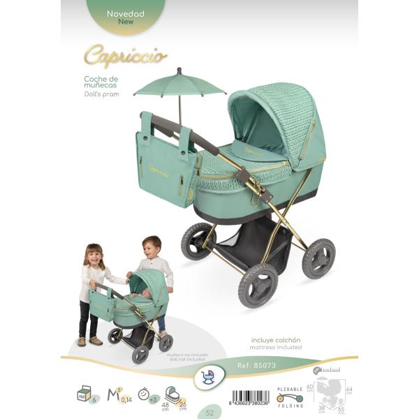 DeCuevas 85073 Skládací kočárek pro panenky se slunečníkem a taškou Capriccio 2025 – 60 cm
