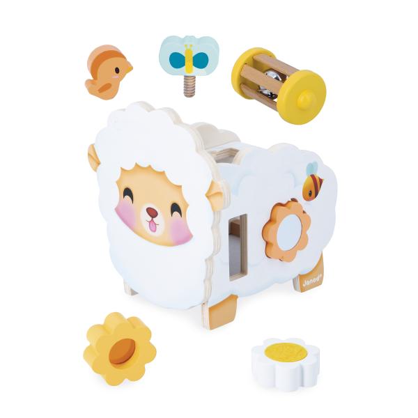Janod Farma Dřevěná motorická hračka Ovečka s mnoha aktivitami