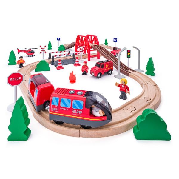 Woody Vláčiková dráha s elektrickou lokomotívou, hasiči, 60 dielov