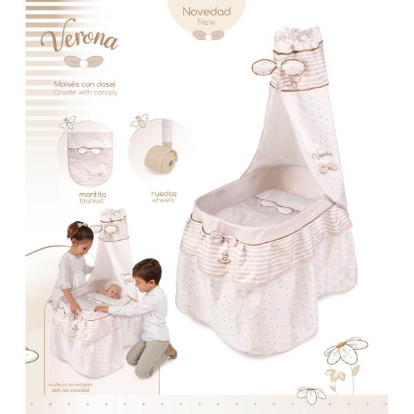 DeCuevas 51078 Přenosná postýlka pro panenky s nebesy a peřinou Verona 2024
