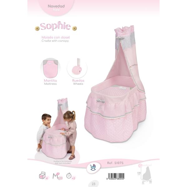 DeCuevas 51075 Pojízdná postýlka pro panenky s nebesy a peřinkou Sophie 2025