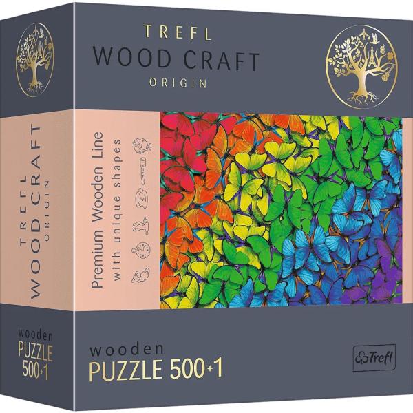 Trefl - Puzzle In Legno, Farfalle Arcobaleno - 500 + 1 Pezzi, Artigianato Ligneo, Forme Irregolari, 50 Figure Di Animali, Moderno Puzzle Premium, Fai Da Te, Colori, Insetti-image