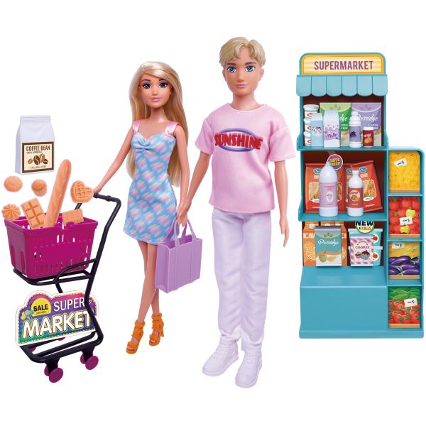 Sada panenek v supermarketu s nákupním vozíkem