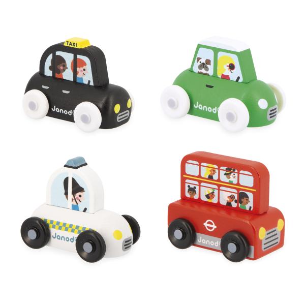 Janod Crossroads Dřevěná autíčka Velká Británie sada 4 ks