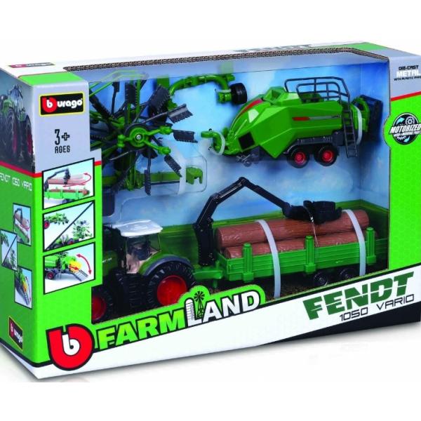 Bburago 10cm Juego de regalo de tractor de granja - Fendt 1050 Vario con 3 remolques