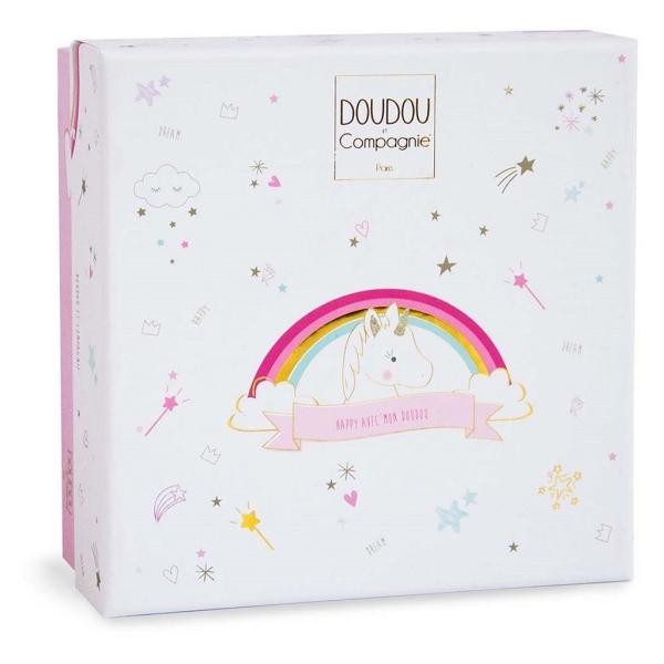 Doudou Dárková sada – plyšový muchláček jednorožec růžový 20 cm