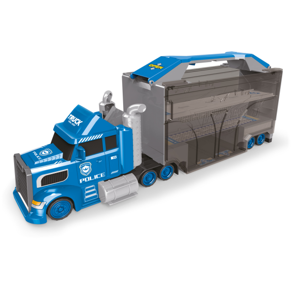 Policajní kamion se 4 auty a dopravními značkami