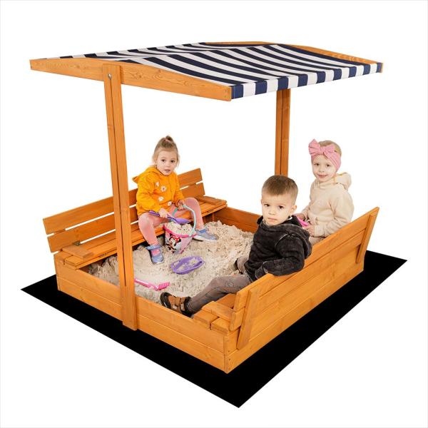 Dětské dřevěné uzavíratelné pískoviště s lavičkami a stříškou Baby Mix 120×120 cm