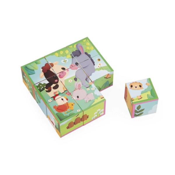 Janod Cubi Puzzle In Cartone Per Bambini E Neonati, Tema Della Fattoria, 9 Cubi E 6 Possibili Puzzle, Giocattolo Per La Prima Infanzia, Abilità Motoria Fine, Colori Ad Acqua, Da 2 Anni, J03329-image