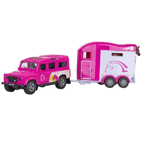 Kids Globe Traffic Land Rover růžový kov s přívěsem pro koně 28cm zpětný chod