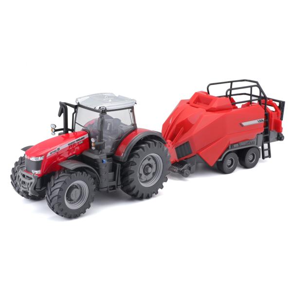 Bburago 1:50 Trattore agricolo Massey Ferguson 8740S + sollevatore per balle Rood
