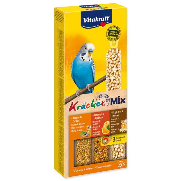 Tyčinky Vitakraft Kracker Trio Mix s medem, pomeranči a popcornem 3ks