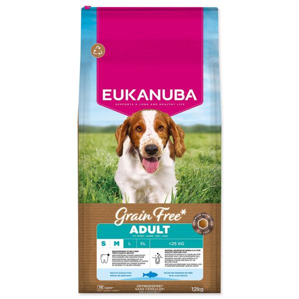 Mangime EUKANUBA Grain Free Adult Small & Medium ricco di pesce oceanico 12 kg