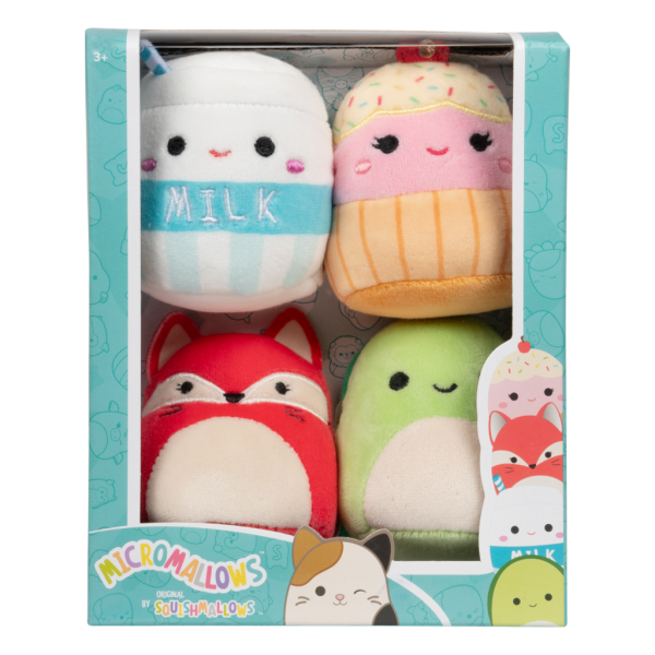 SQUISHMALLOWS Micromallows 4Pack – Liška, Želva, Mlíčko, Dort