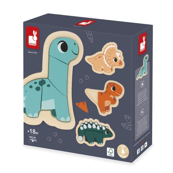 Janod Dřevěné vkládací puzzle Dinosauři 4v1 Dino (obrázek 7)