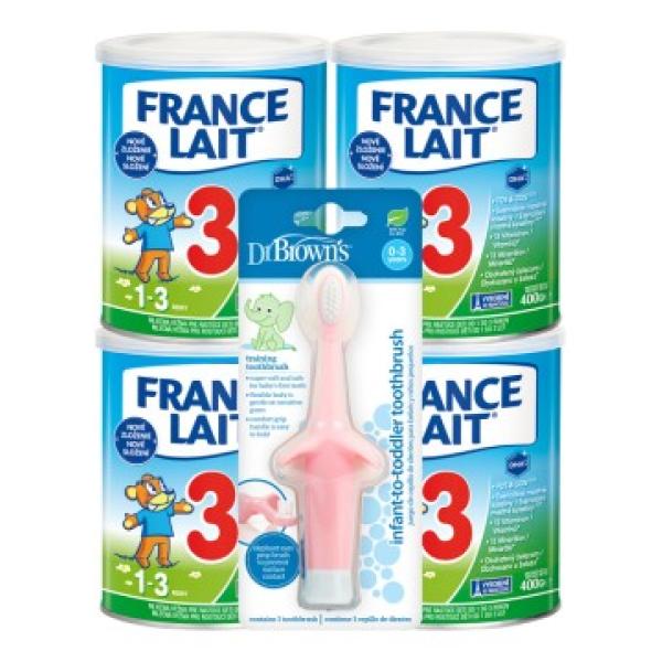 France Lait 3 se železem + DHA od 1 roku 4x400g + Dr. Brown’s Zubní kartáček Sloník