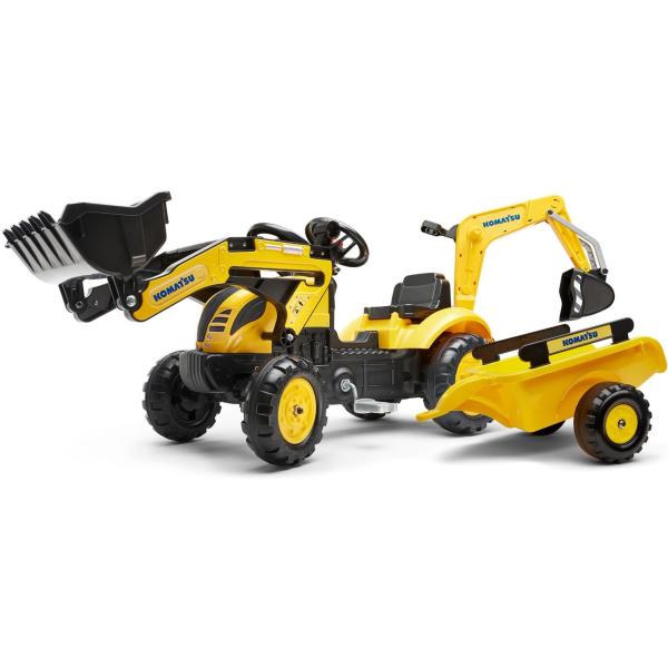 Falk Šlapací traktor 2076N Komatsu s nakladačem, rypadlem a vlečkou - žlutý