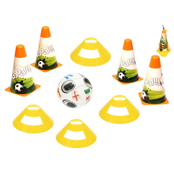 Futbalové kužele 18cm 4ks + méty 4ks s loptou 12cm