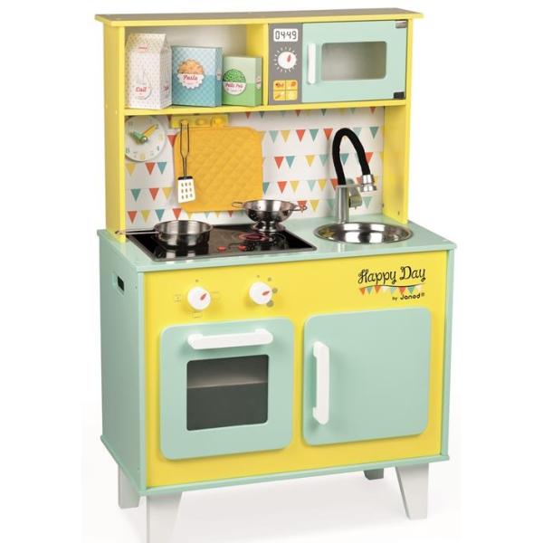 Janod Veľká drevená kuchynka Happy Day žltá zelená s príslušenstvom