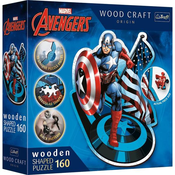 Trefl Dřevěné puzzle 160 dílků - Nebojácný Kapitán America / Disney Marvel Heroes