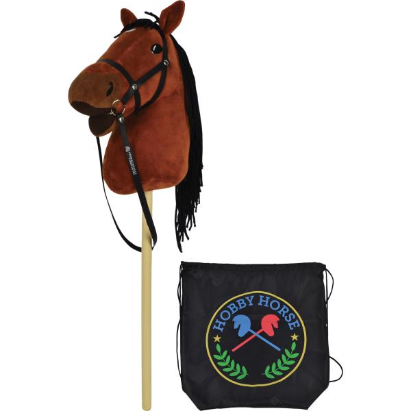 Hnědý kůň na tyči 73 cm, s černým batohem, se zvukem koně