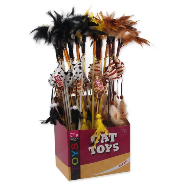 Hračka Magic Cat palička myška s peříčky bavlna s catnipem 20cm+46cm 24ks
