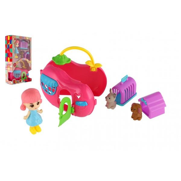 Bábika s domčekom a domácimi maznáčikmi 2ks plast s doplnkami, 14x24x6cm