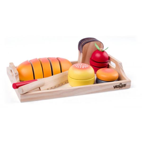 Woody Podnos s raňajkami - krájanie