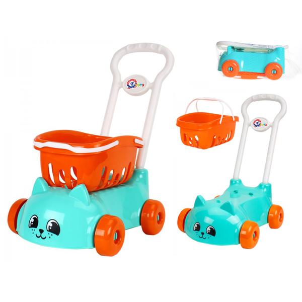 Nákupní vozík růžový s motivem kočky s odnímatelným košíkem