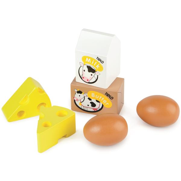 Tidlo Dřevěná bedýnka s mléčnými výrobky a vejci