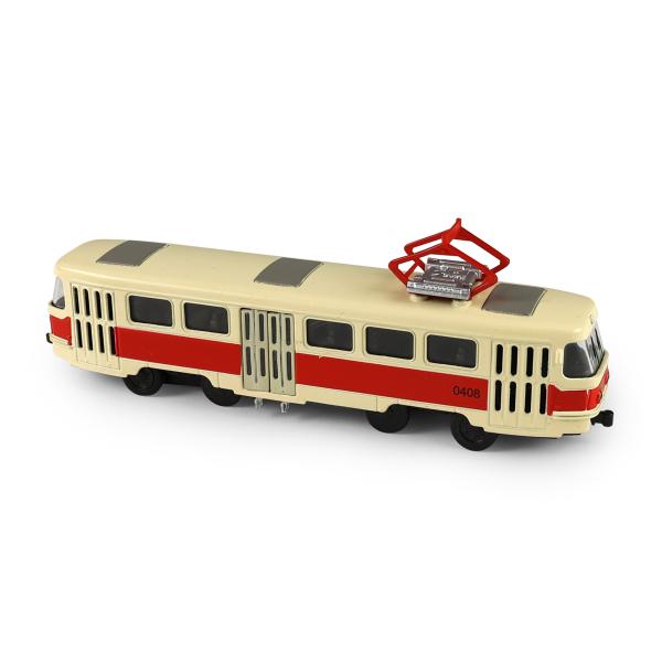Kovová česká retro tramvaj červená 16 cm se světlem a zvukem