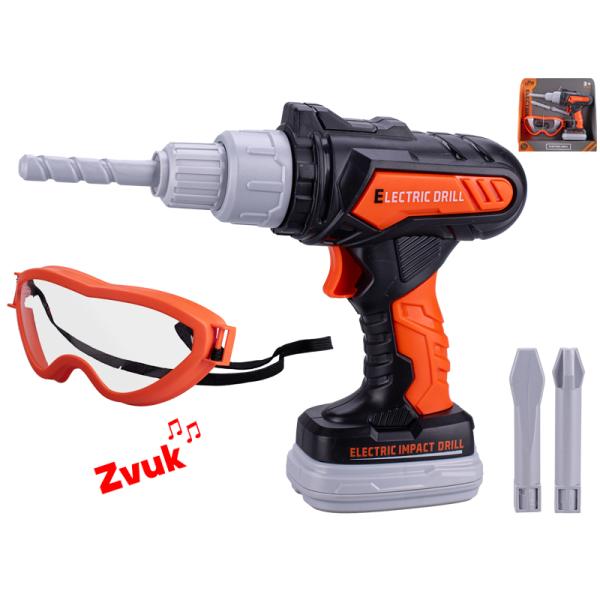 Vrtačka příklepová 20cm na baterie se zvukem + brýle 14,5cm a 2 vrtáky