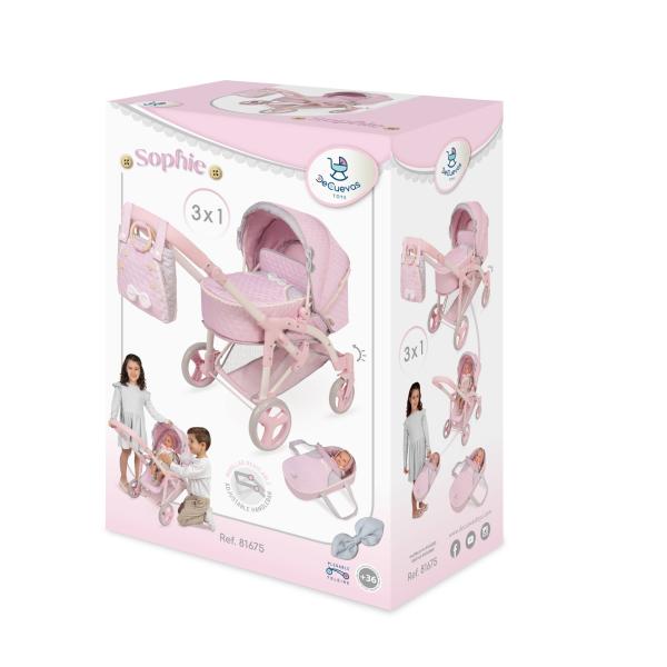 DeCuevas 81675 Skládací kočárek pro panenky 3 v 1 s přenosnou taškou Sophie 2025 – 75 cm