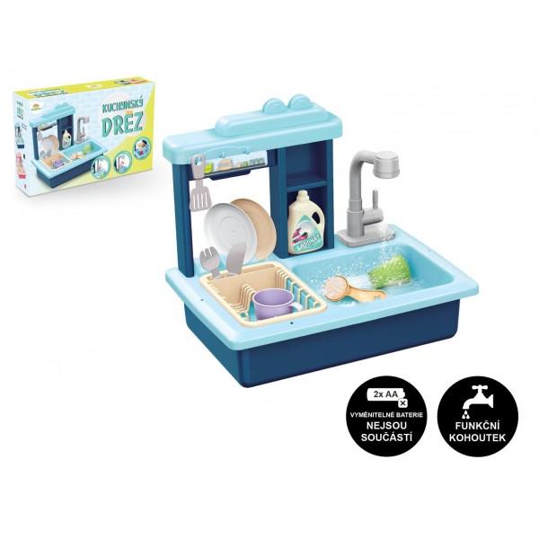 Drez na umývanie riadu modrý + kohútik na vodu na batérie plast s doplnkami v krabici
