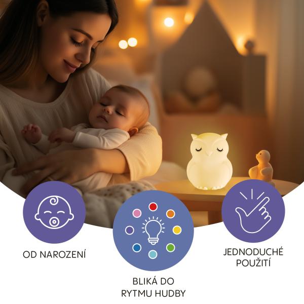 Silikonová noční LED lampička s hudbou velikosti L, Owl