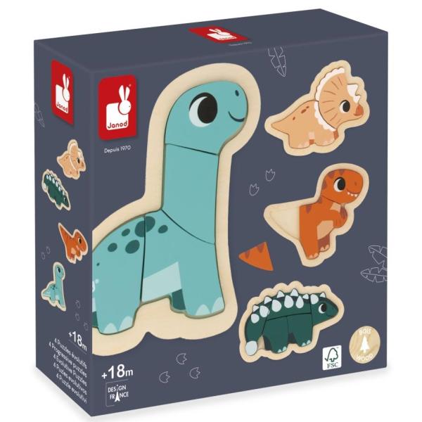 Janod Dřevěné vkládací puzzle Dinosauři 4v1 Dino (obrázek 6)
