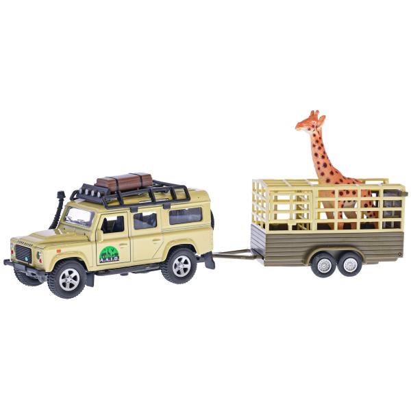 Kids Globe Traffic Land Rover Defender 14cm kov na spätný chod s prívesom 14cm a žirafa