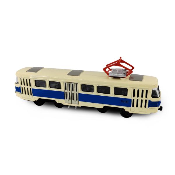 Kovová česká retro električka modrá 16 cm so svetlom a zvukom