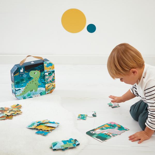Janod Puzzle v kufříku 4v1 Dinosauři 6-9-12-16 ks