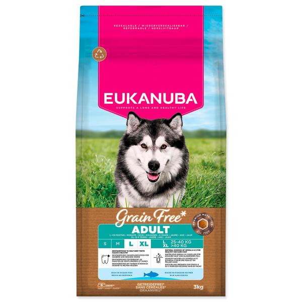 Mangime EUKANUBA Grain Free Adult Large ricco di pesce oceanico 3 kg