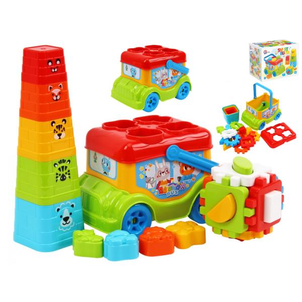 Autobus/vkládačka 20cm volný chod + pyramida skládací kalíšky 5ks a kostka vkládací