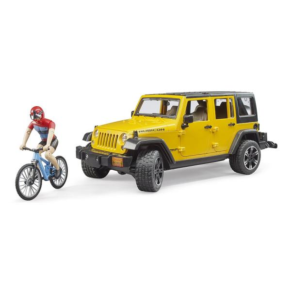 Bruder 02543 JEEP Wrangler Rubicon, horský bicykel a cyklista
