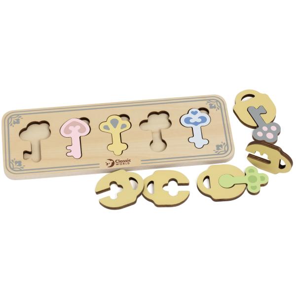 Dřevěná vkládačka klíče a zámky, 11ks v krabičce 29x12x4cm 18m+